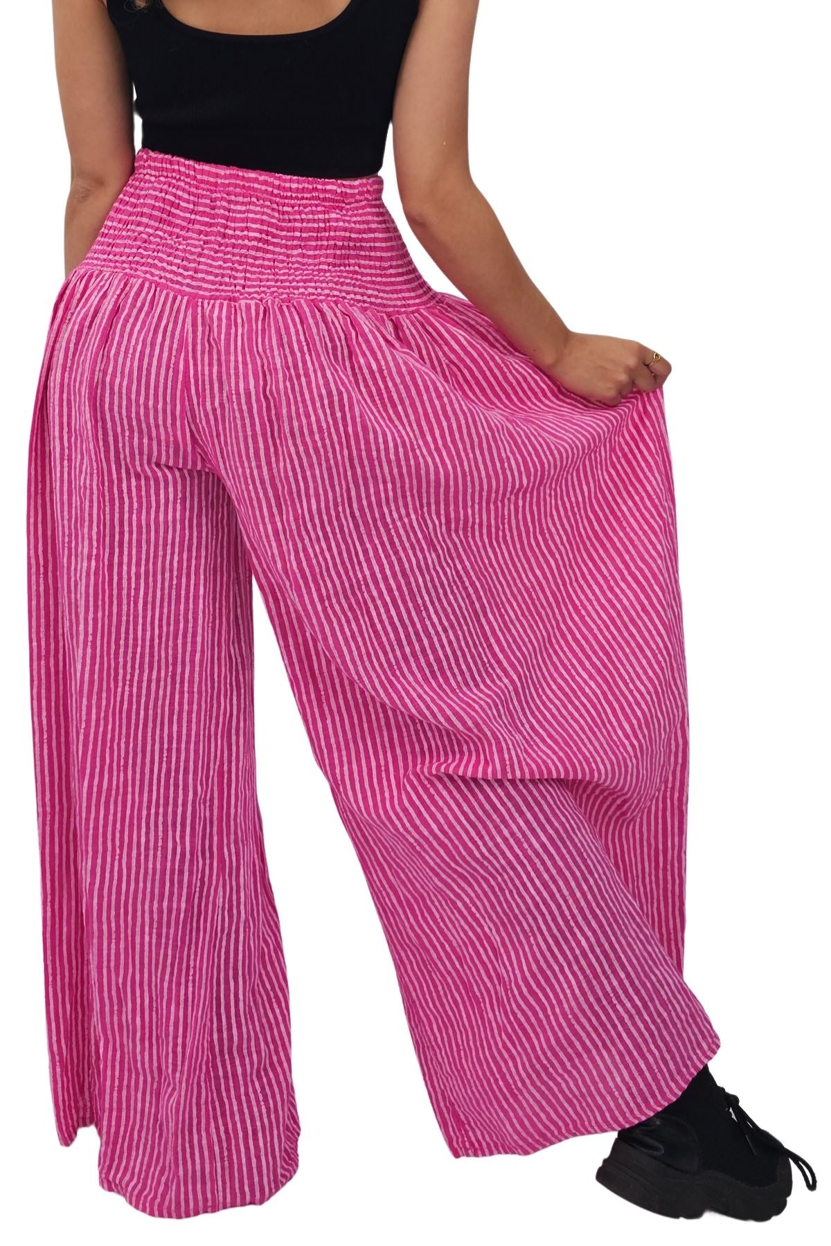 Vertical Stripes Print Smocked Waistband Wide Leg Cotton Palazzo