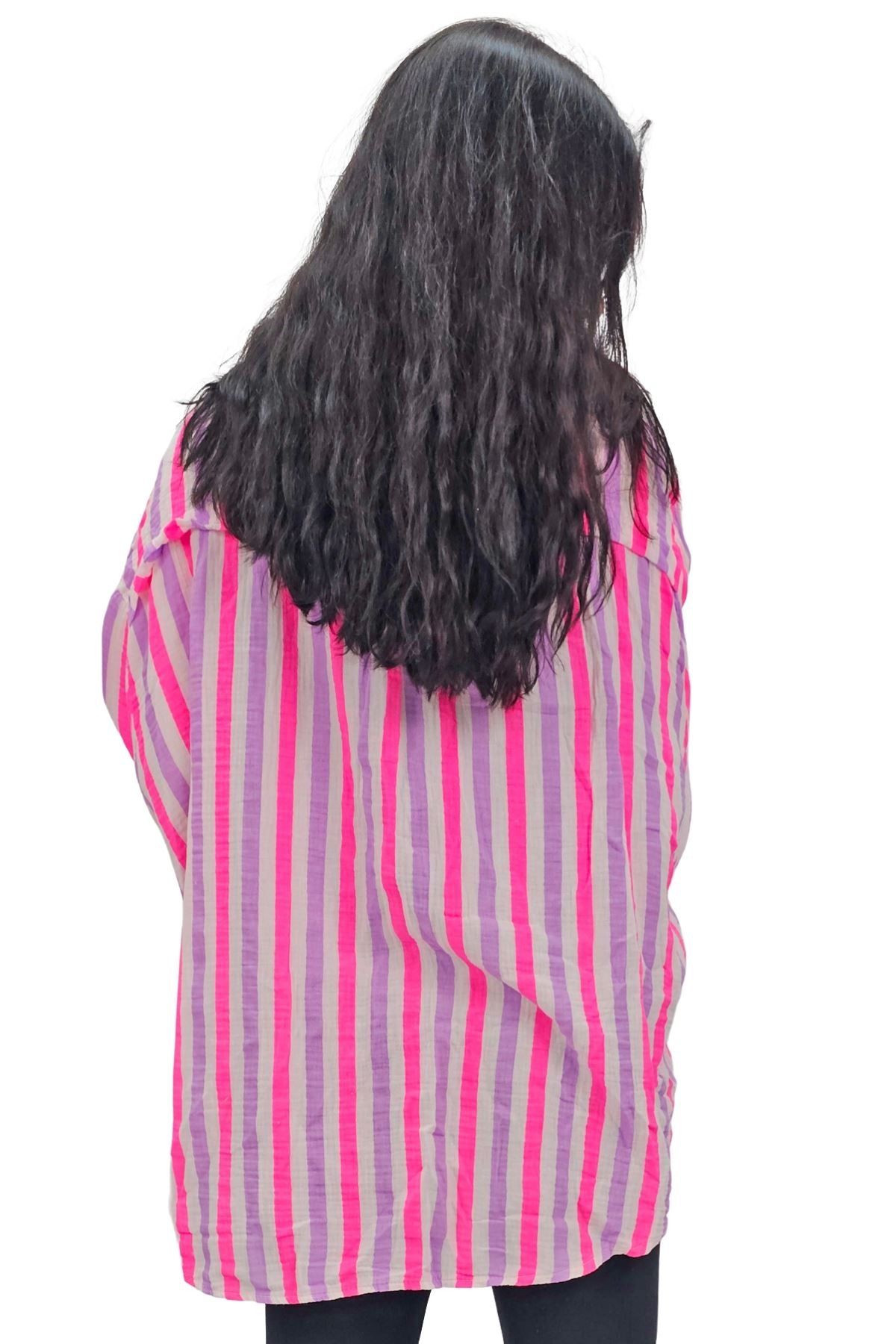 Vertical Stripes In Alternating Shades Button-Down Cotton Shirt