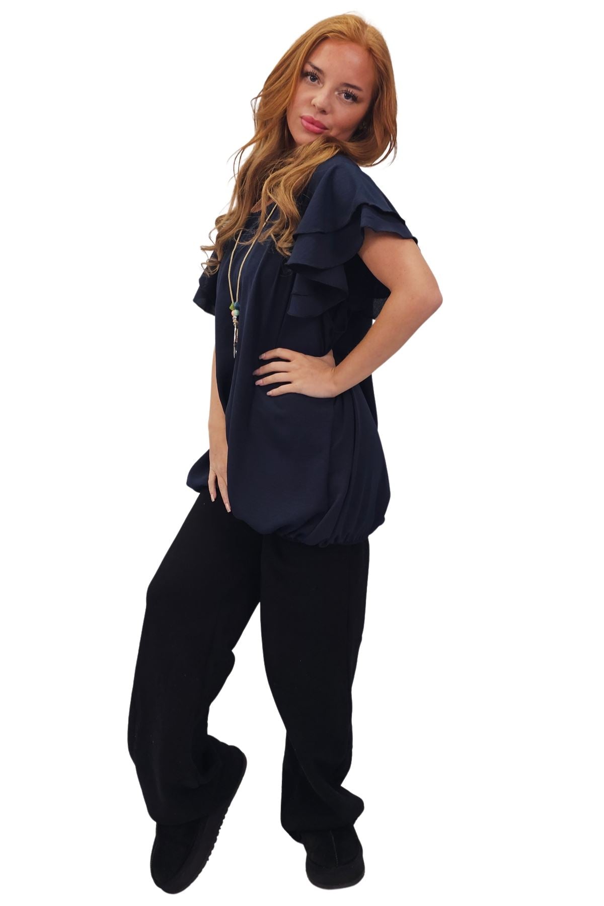 Plain Flutter Sleeves Elastic Hemline Top