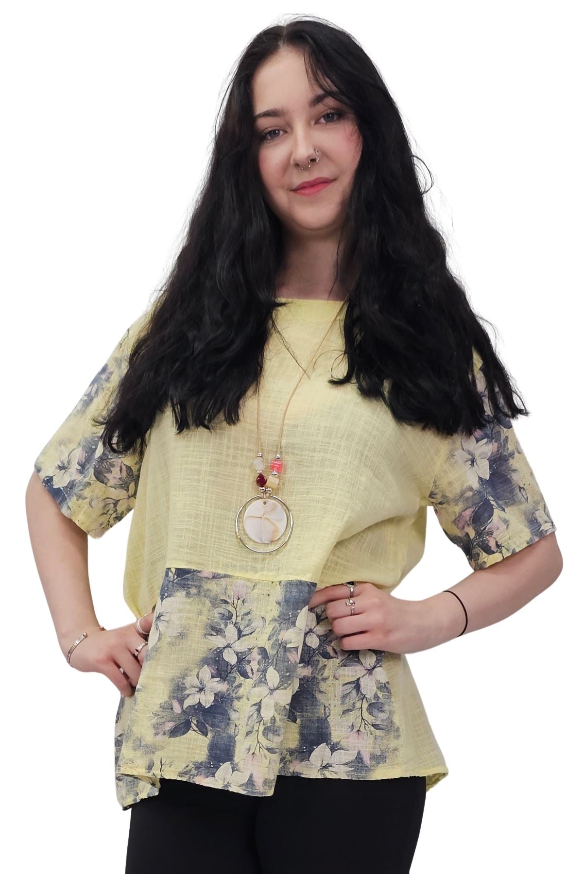 Floral Print Necklace Oversized Tunic Cotton Top