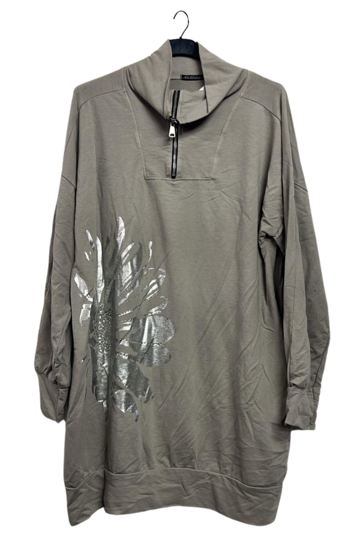 Metallic Foil Flower Pattern Front Zip Cuffed Hem Cotton Top