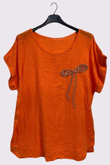 Textured Embroidered Sequin Curved Hem Cotton Top