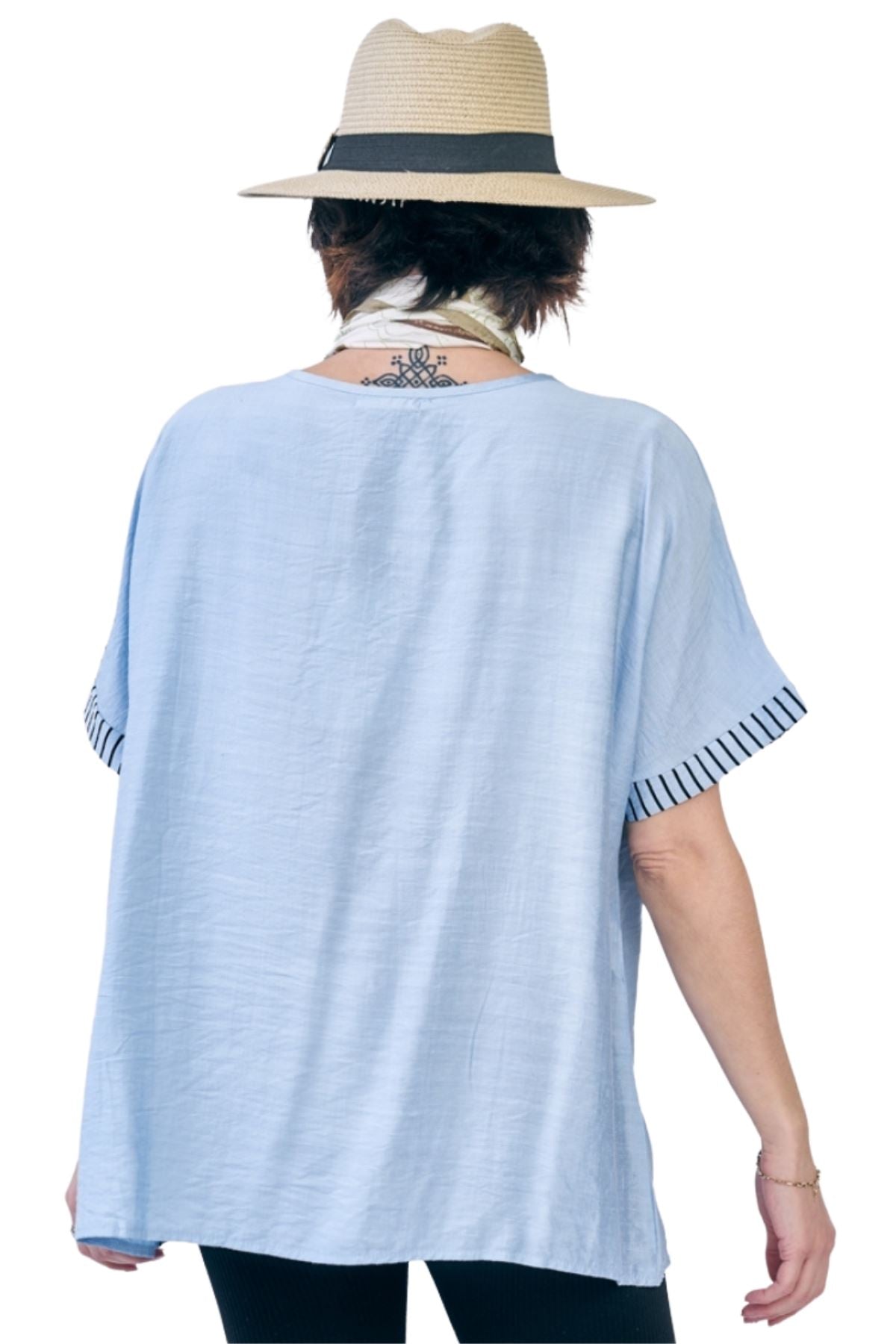 Stripe Print Side Button Detail Cotton Top