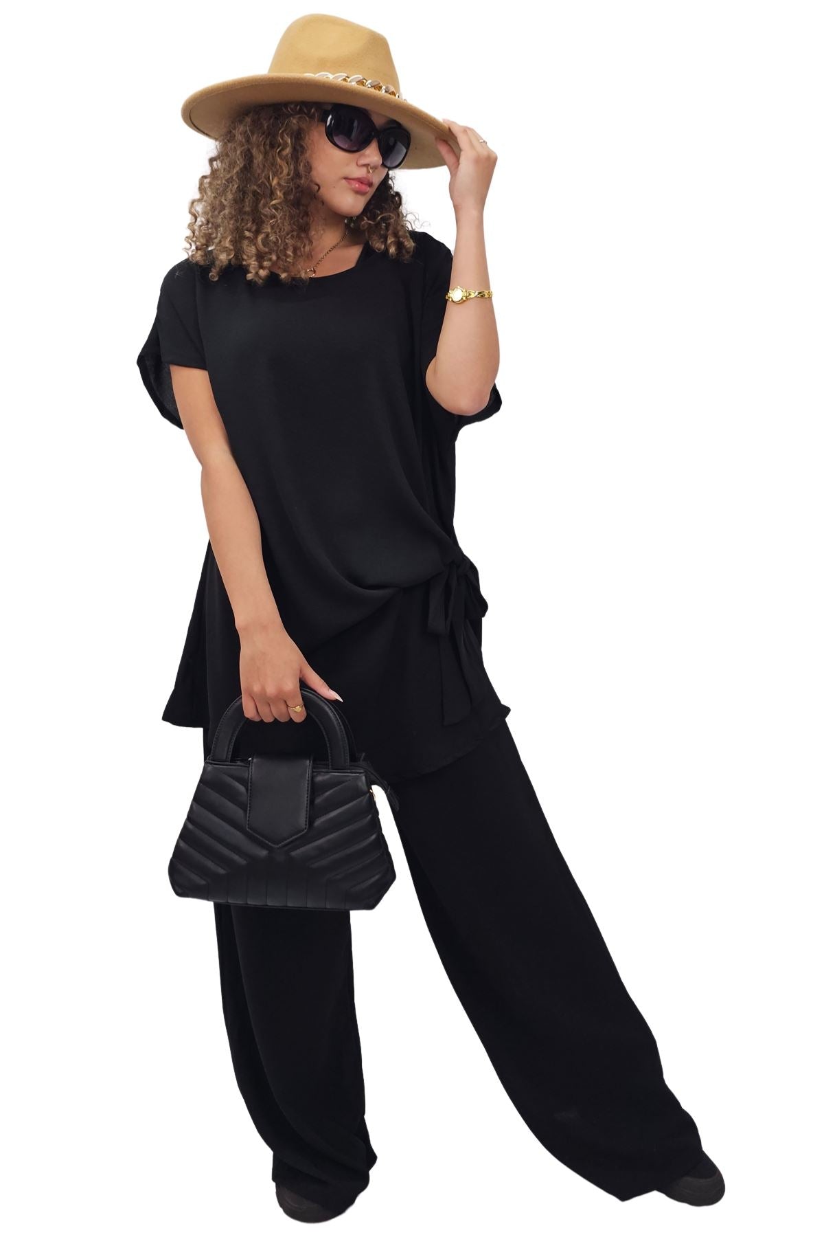 Plain Side Tie Detail Drawstring Waistband Co-Ord Set
