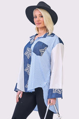 Stripe Patchwork Floral Print Oversized High Low Front Pocket Cotton Shirt