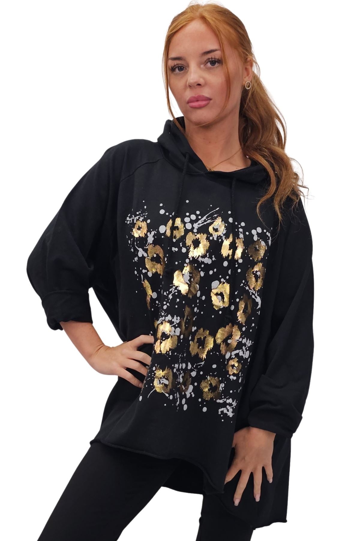 Leopard Foil Splash Print String Hoody High Low Hem Cotton Hoodie