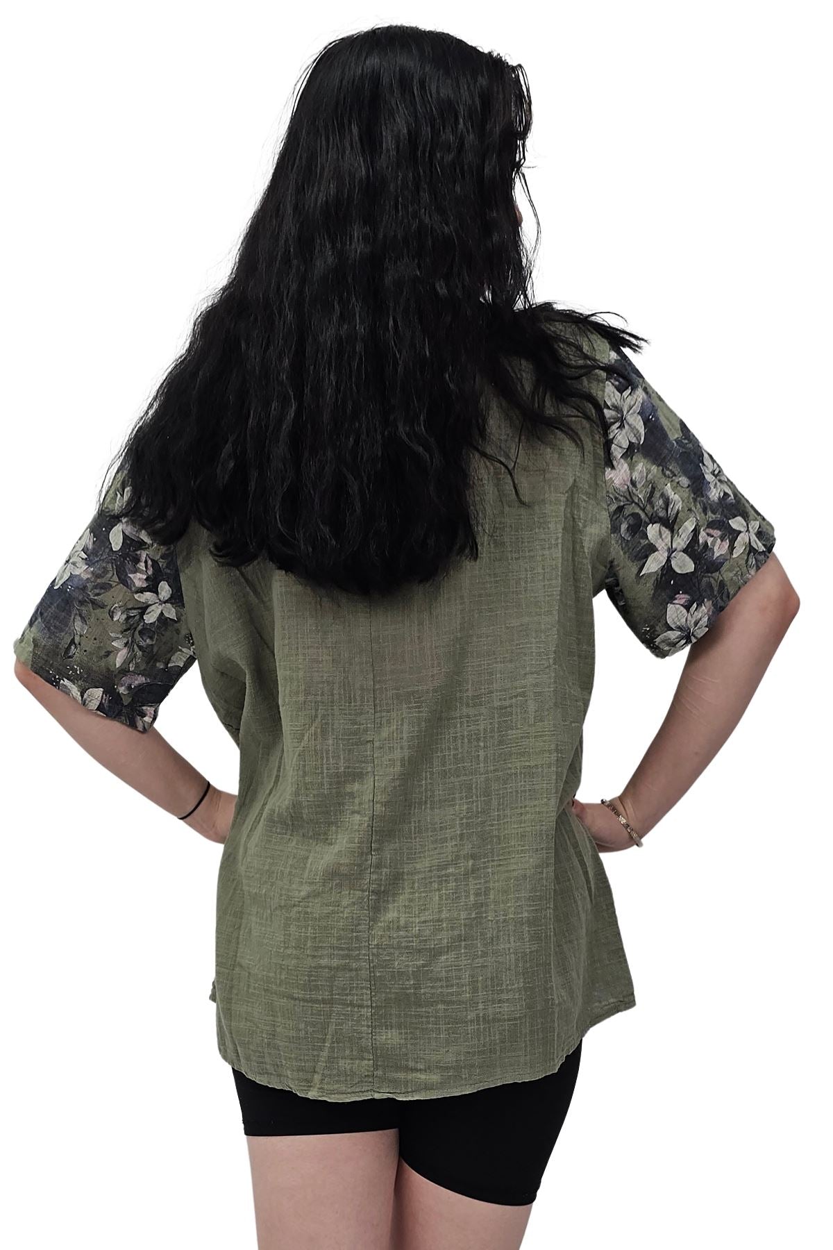 Floral Print Necklace Oversized Tunic Cotton Top