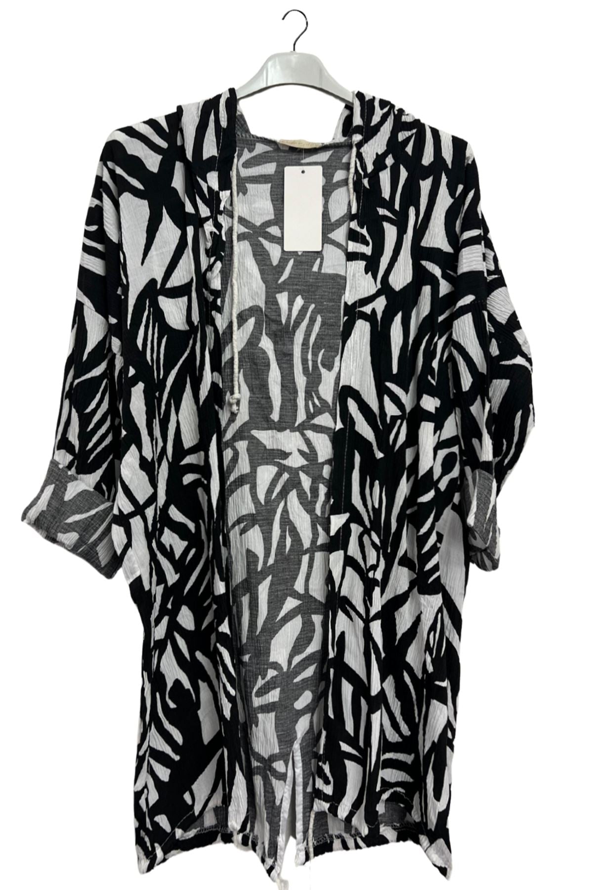 Bold Abstract leaf Print Drawstring Tie Front Cardigan