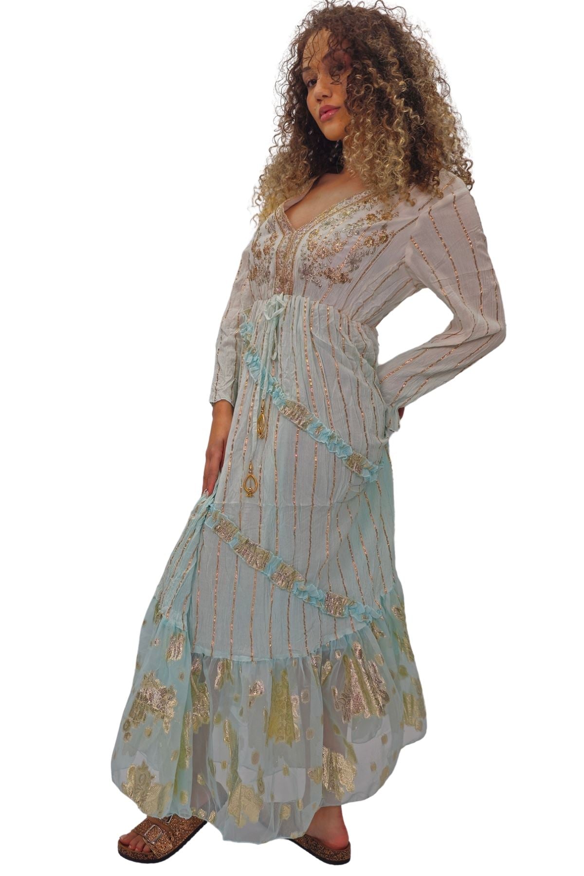 Floral Sequin Cinched Waist With Tie Detail Dress