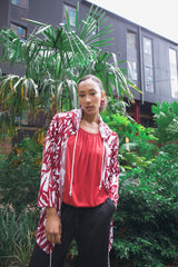 Bold Abstract leaf Print Drawstring Tie Front Cardigan