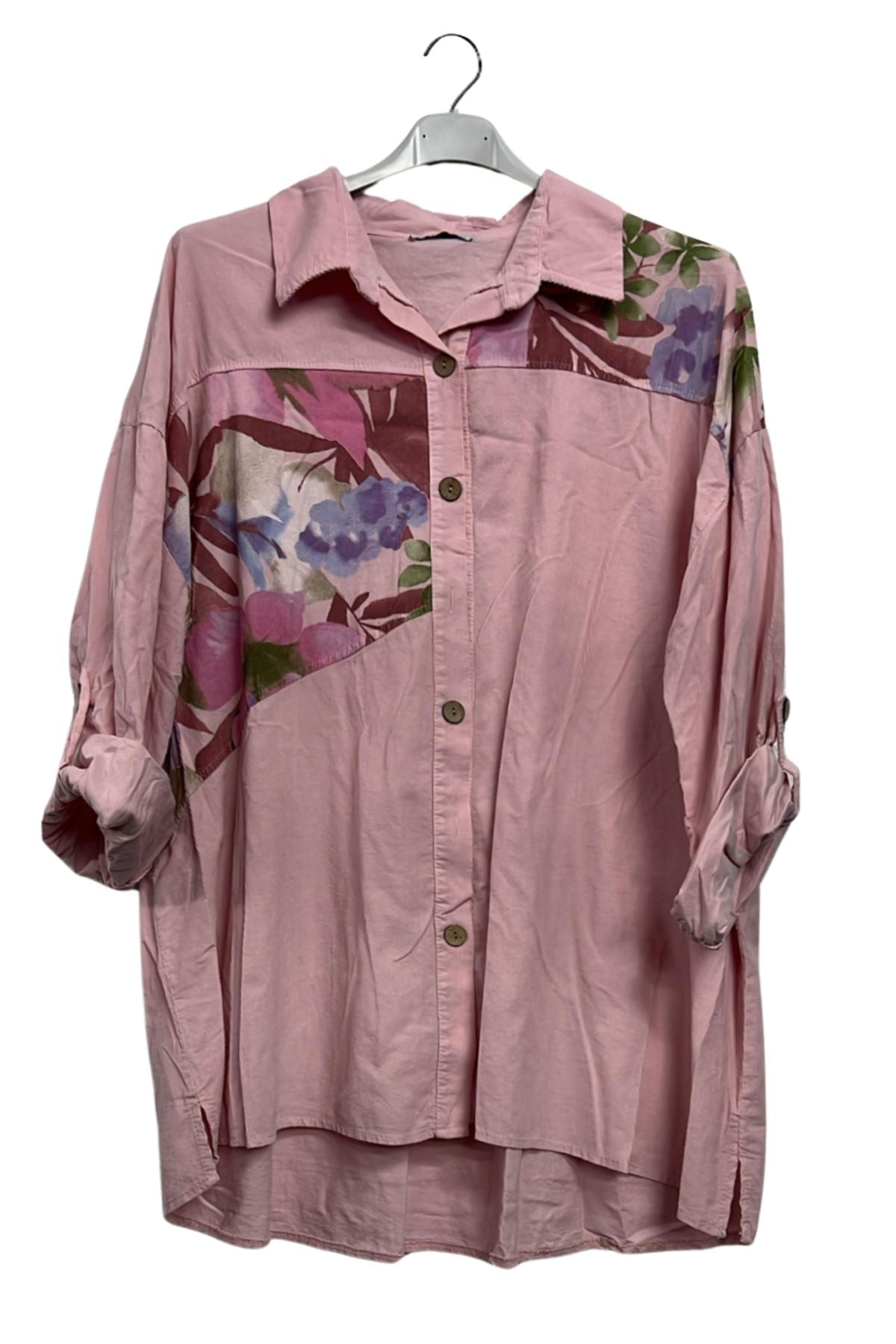 Abstract Floral Patch Print Button-Up High Low Hem Cotton Shirt