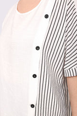 Stripe Print Side Button Detail Cotton Top
