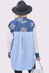 Stripe Patchwork Print Oversized High Low Hem Front Pocket Cotton Shirt