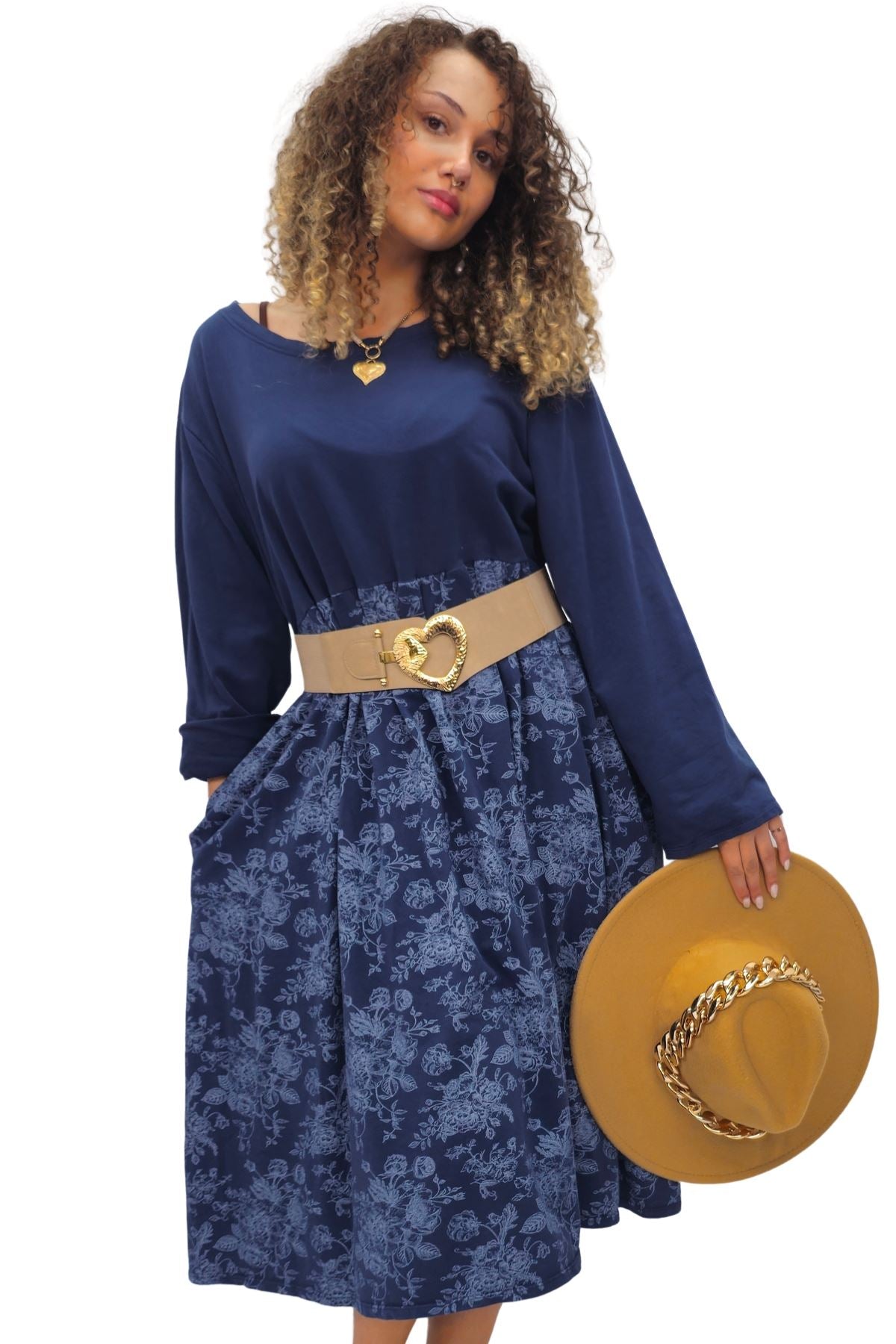 Two Tone Floral Print Baggy Long Style Cotton Dress