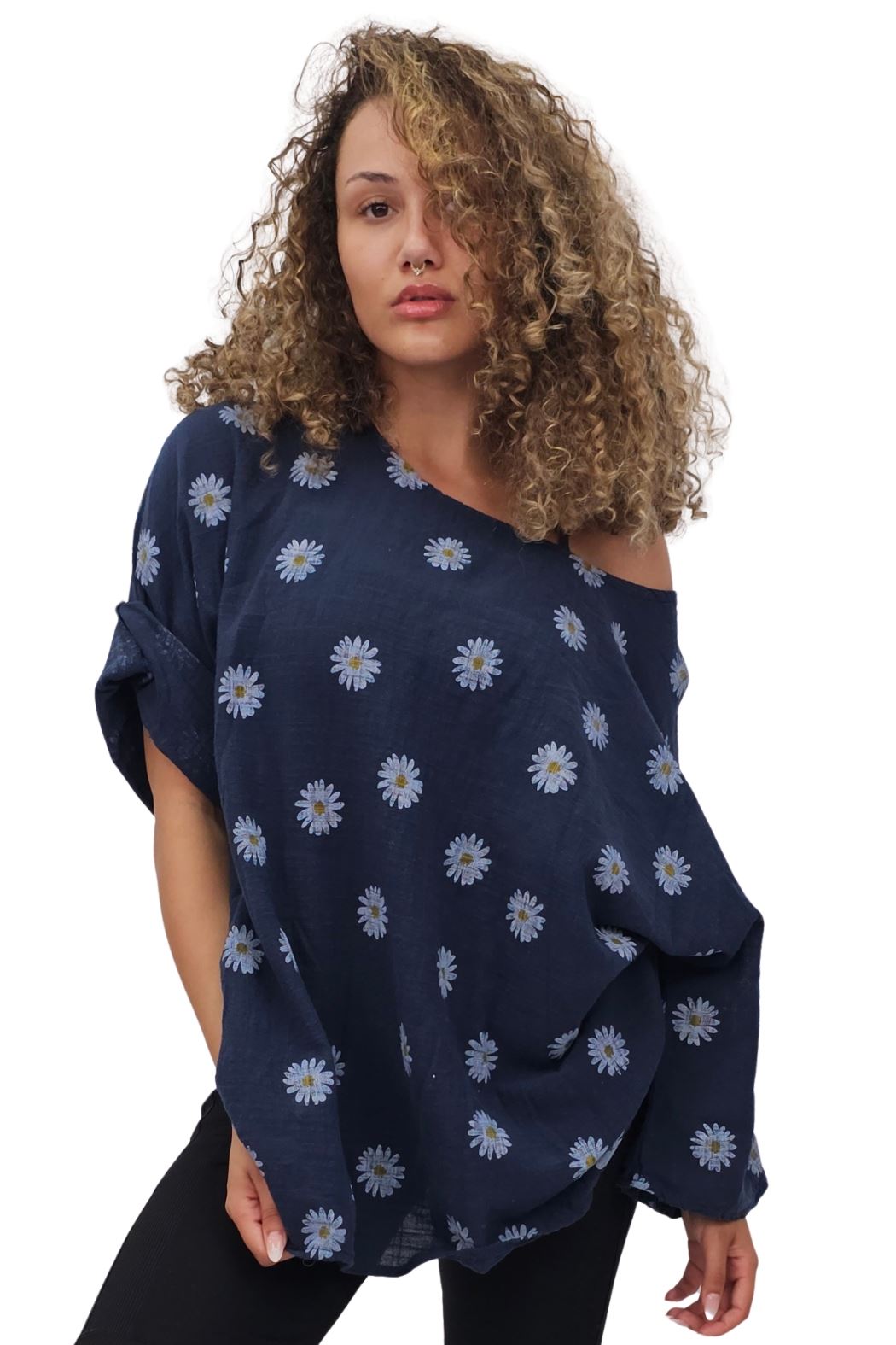 Daisy Flower Print Necklace Cotton Top