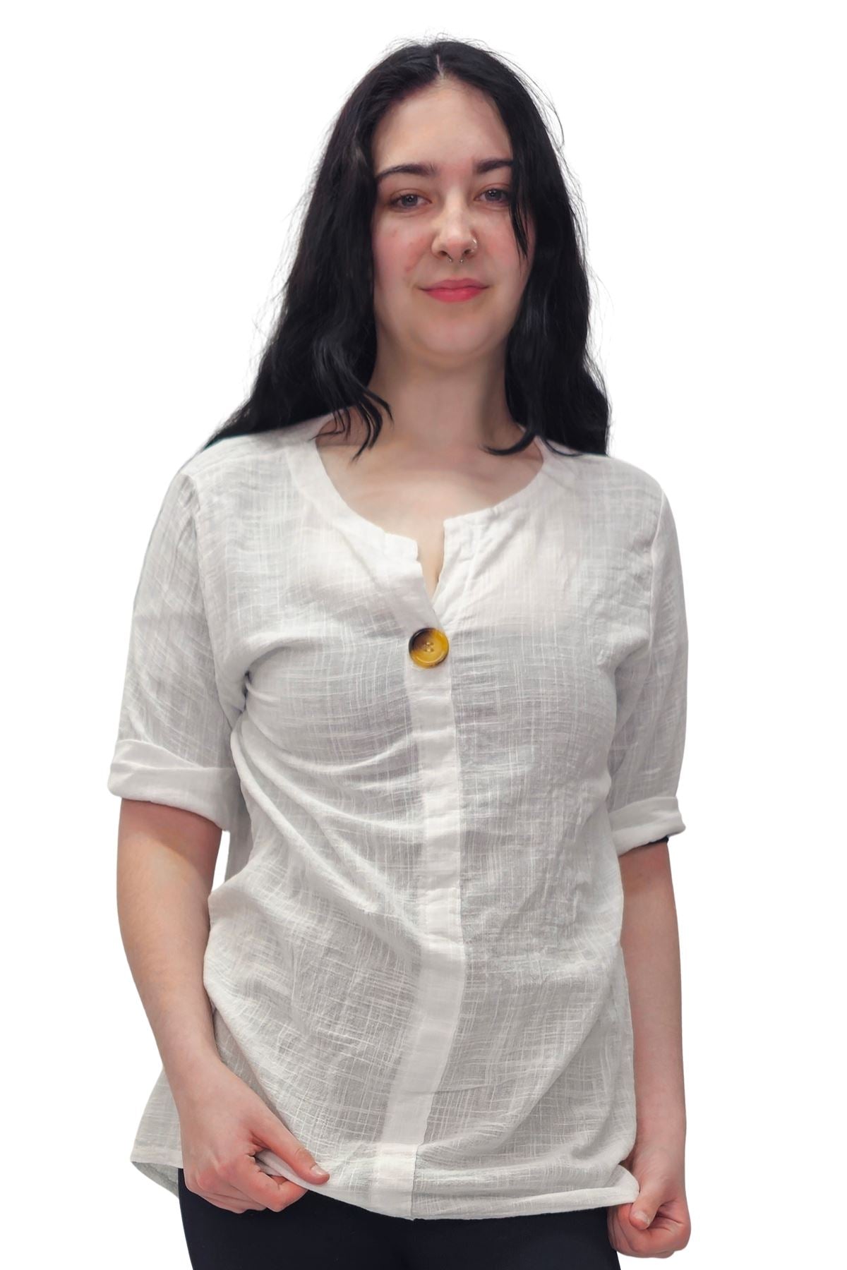 Plain A Single Button Closure Cotton Top