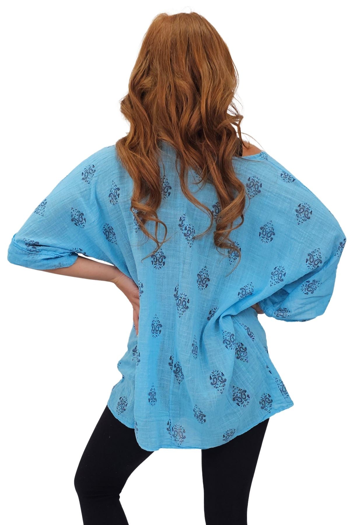 Block Print-Style Motifs Tunic Silhouette Cotton Top
