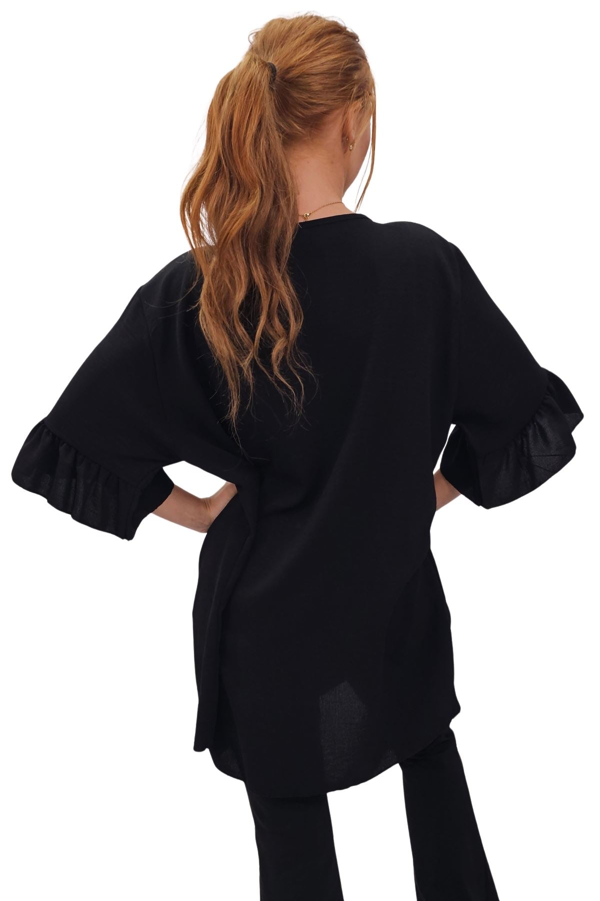Plain Tie Neck Ruffle Sleeve Top