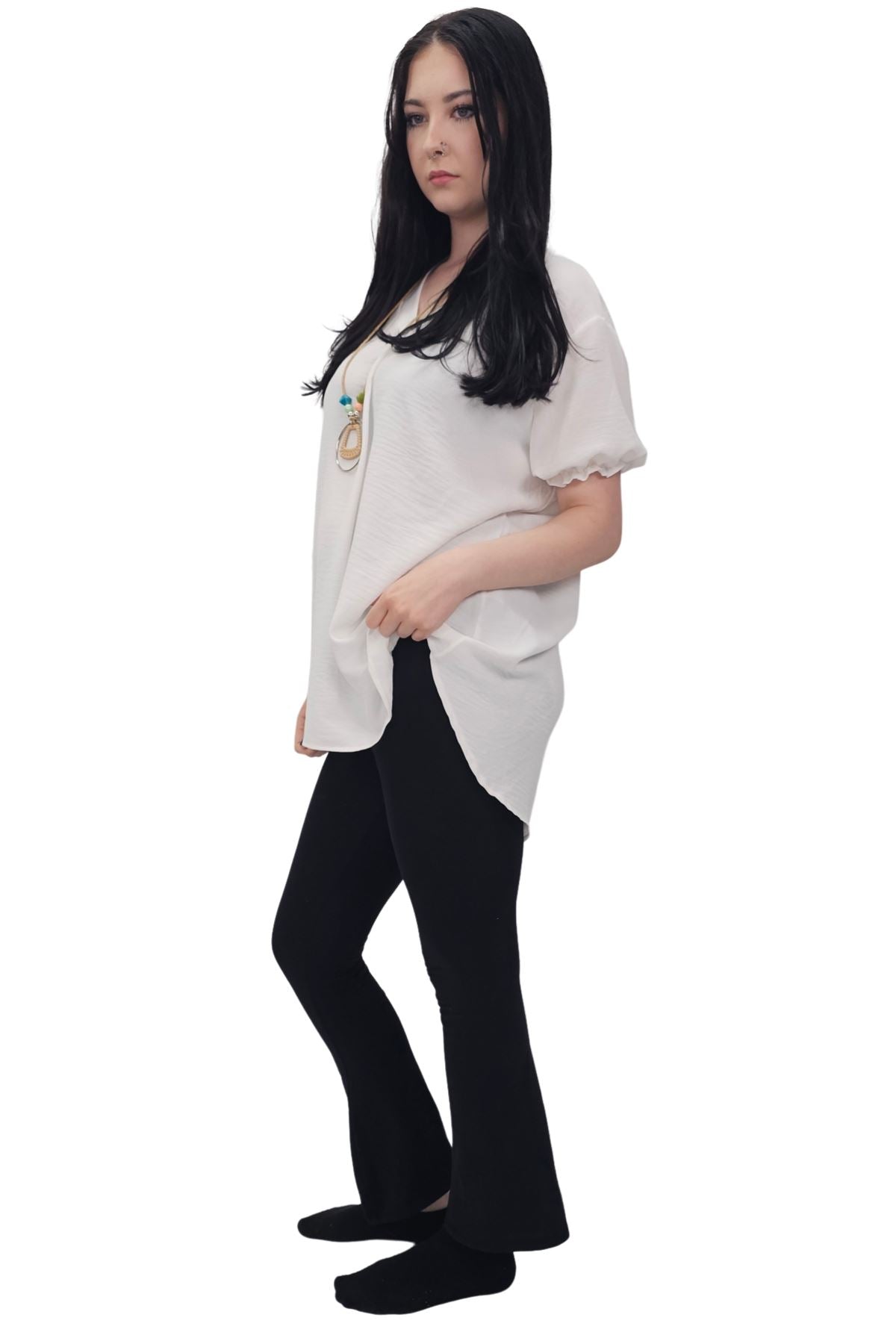 Plain Short Puff Sleeves Necklace Top
