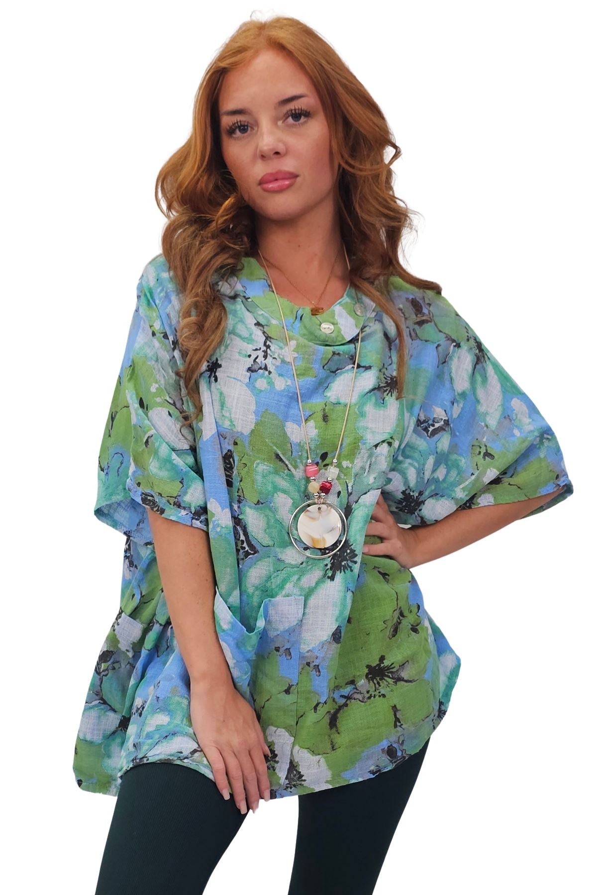 All-Over Floral Print Neck Button Top