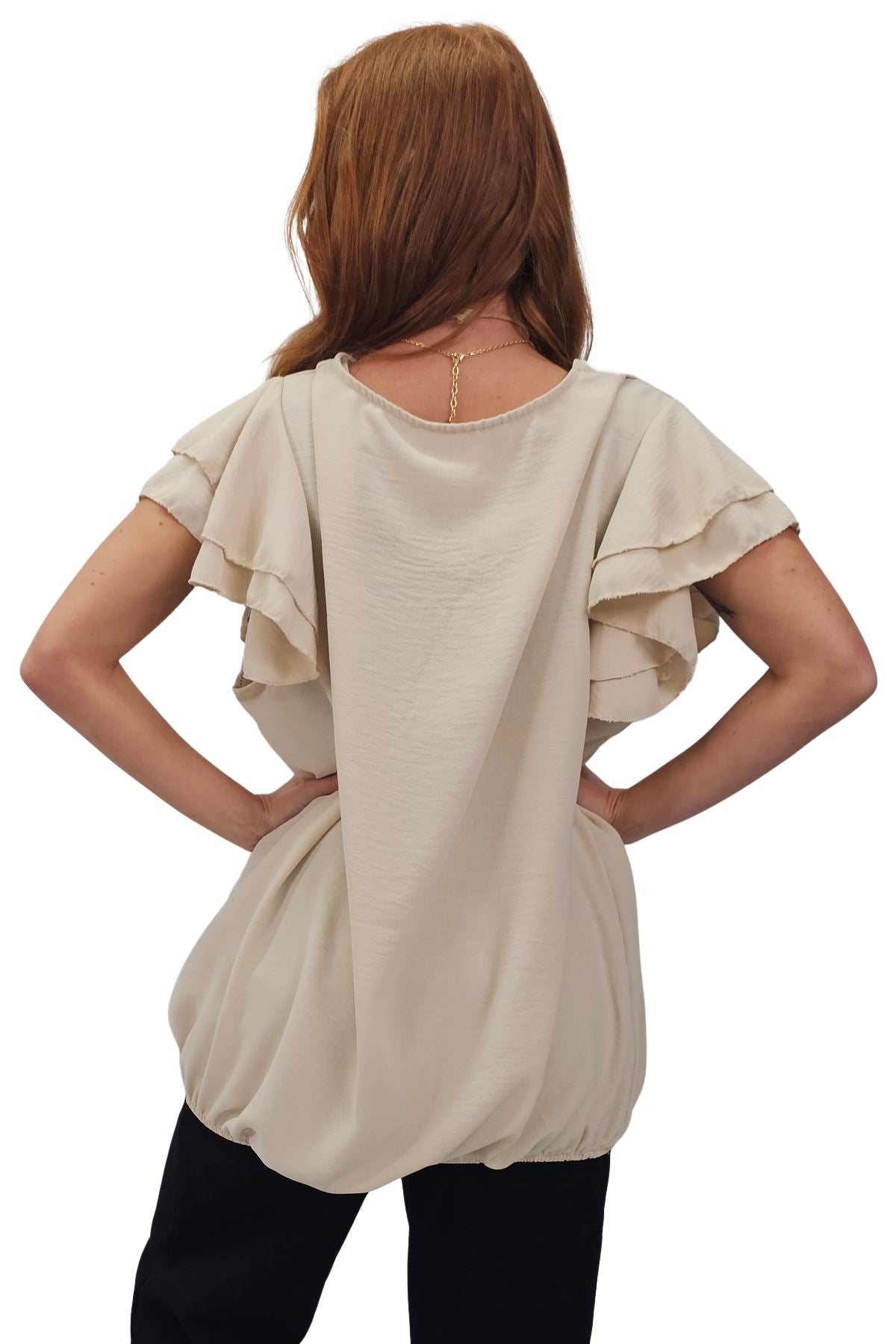 Plain Flutter Sleeves Elastic Hemline Top