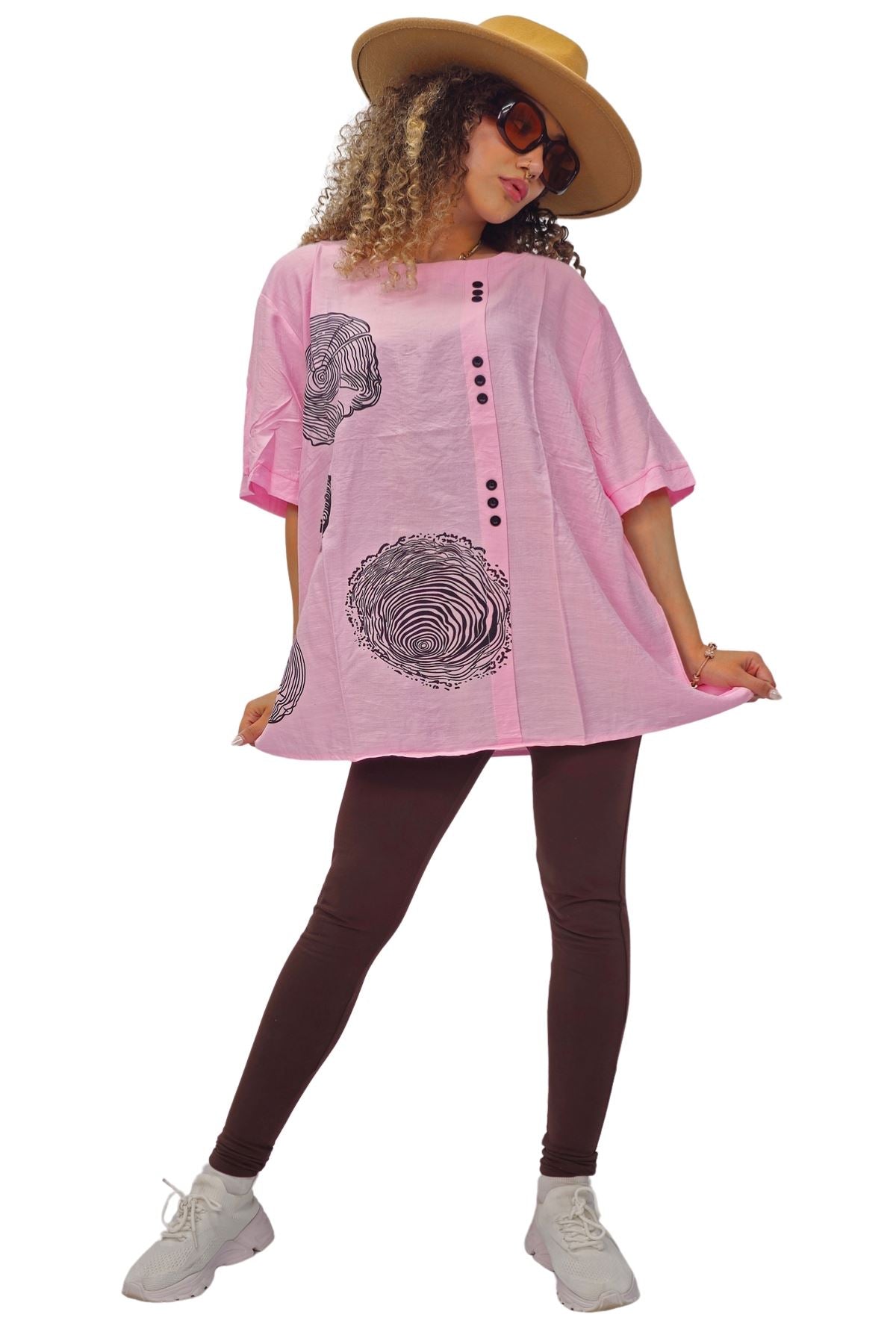 Tree Ring Print Front Button Detail Cotton Top