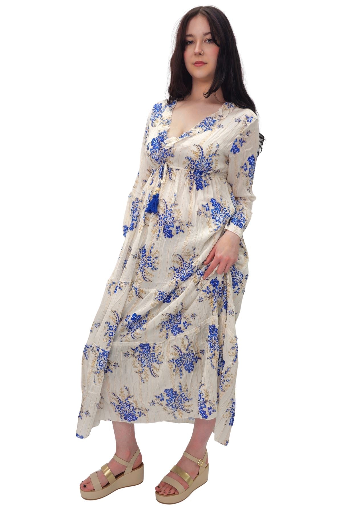 Flower Cluster Print Gold Stripes Dress