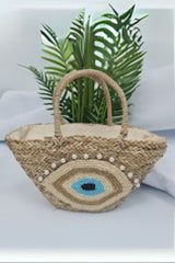 Eye Detail Straw Beaded Two Handle Tote Bag