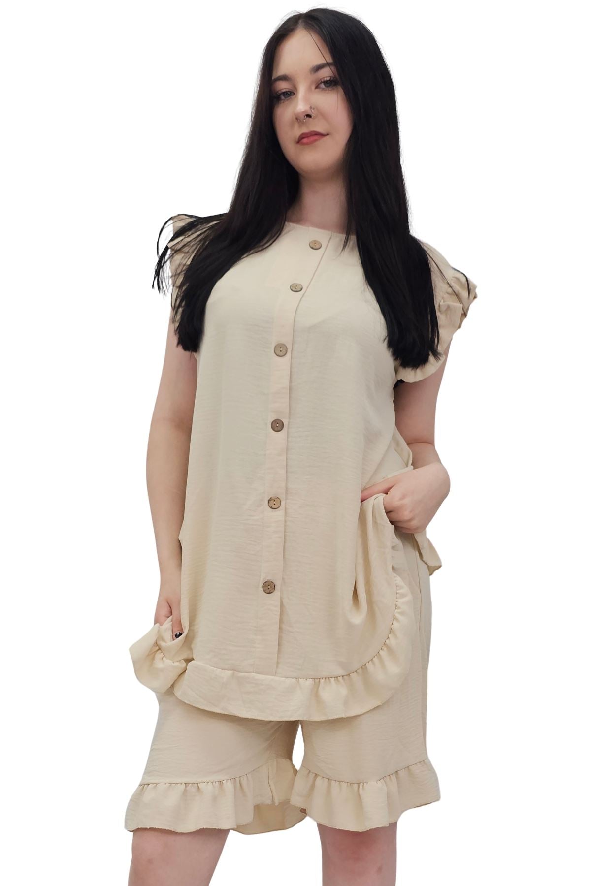 Plain Sleeveless Ruffle-Trimmed Co-Ord Set