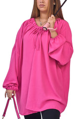 Plain Oversized Drawstring Neckline Top