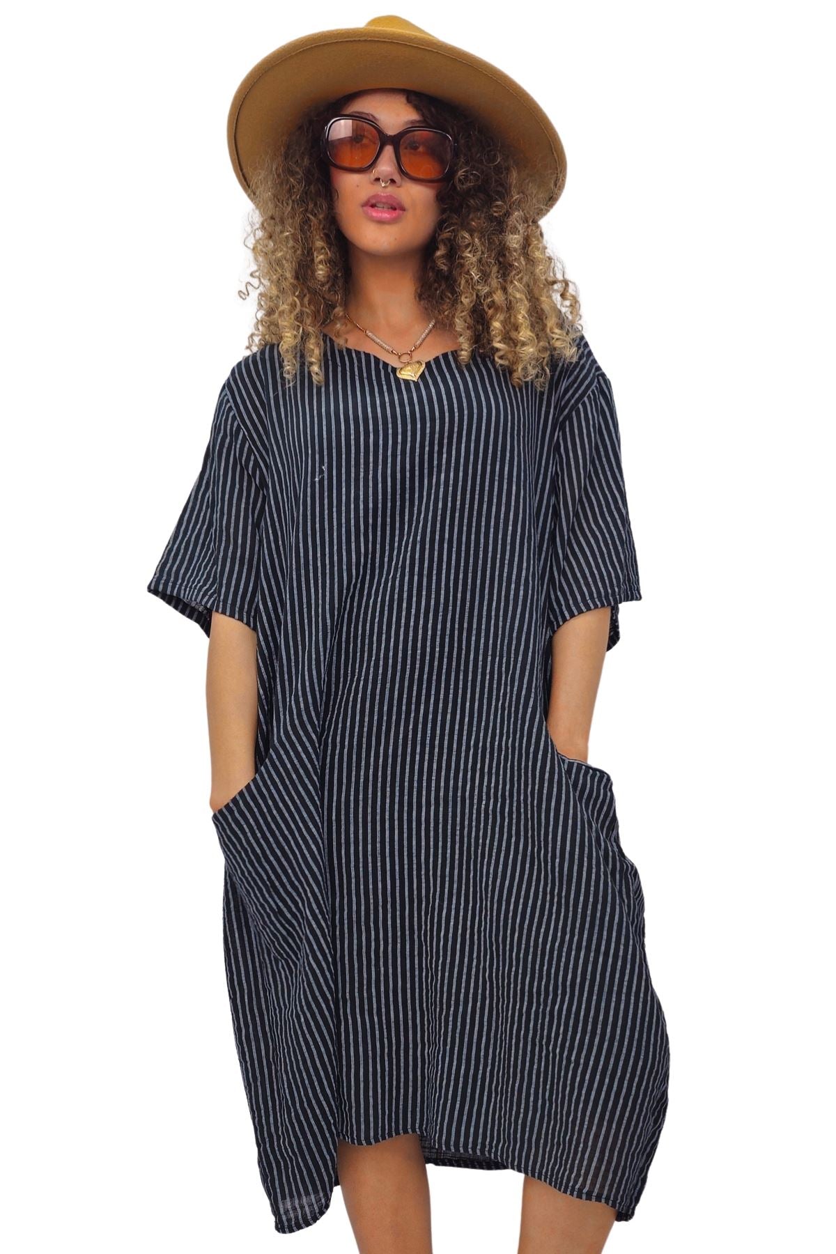 Vertical Stripes Print Two Side Pockets Cotton Dress