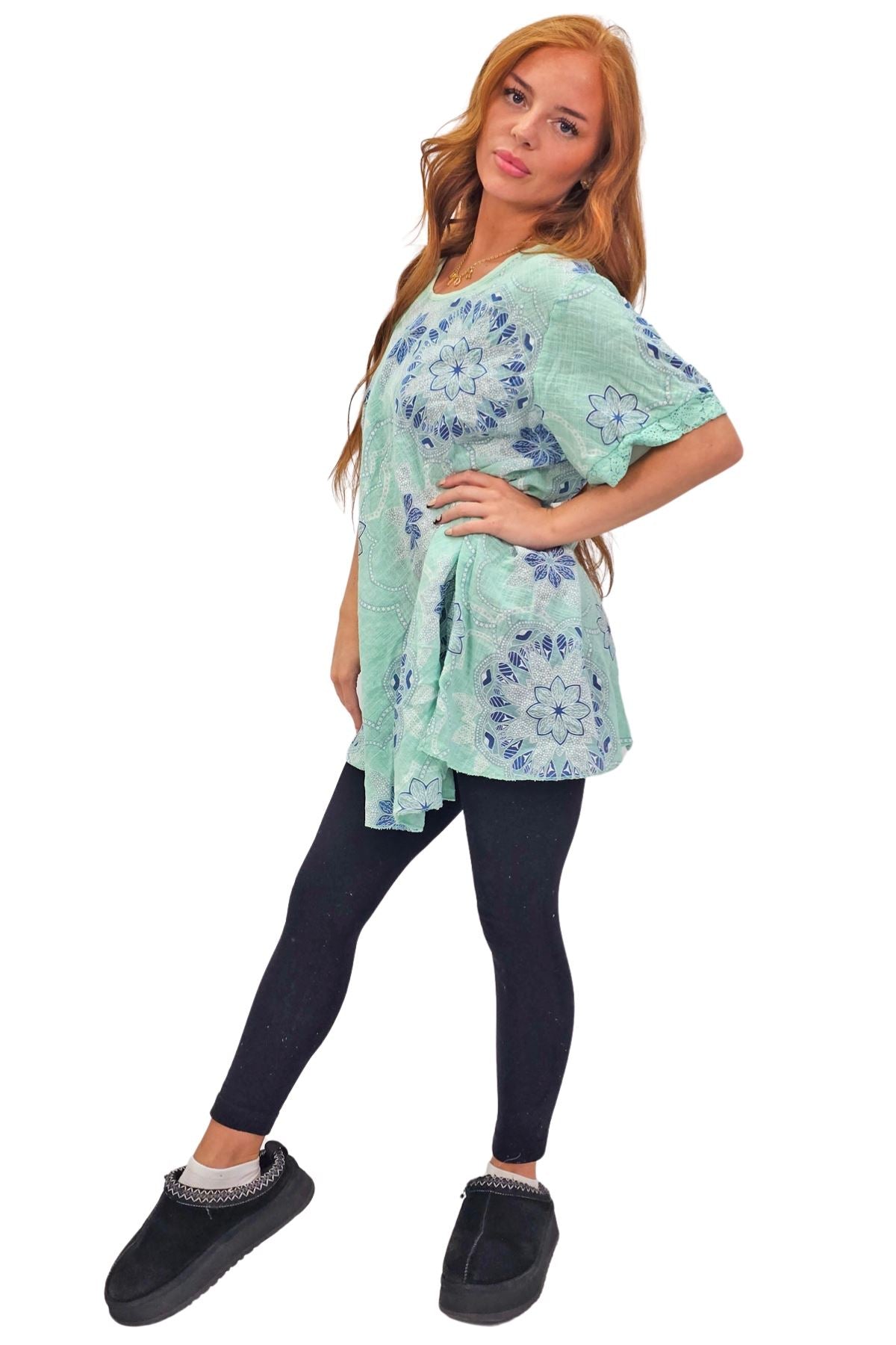 Intricate Floral Geometric Pattern Lace Detail Cotton Top