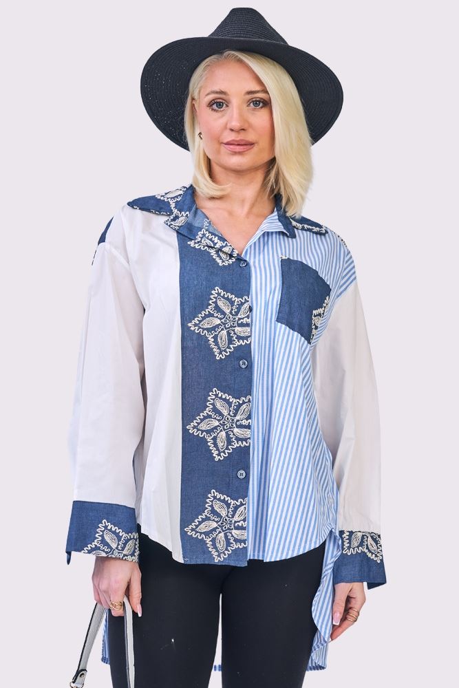 Stripe Patchwork Floral Print Oversized Low Hem Front Pocket Cotton Shirt
