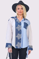 Stripe Patchwork Floral Print Oversized Low Hem Front Pocket Cotton Shirt