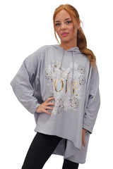 Love Flower Foil Print String Hoody High Low Hem Cotton Hoodie