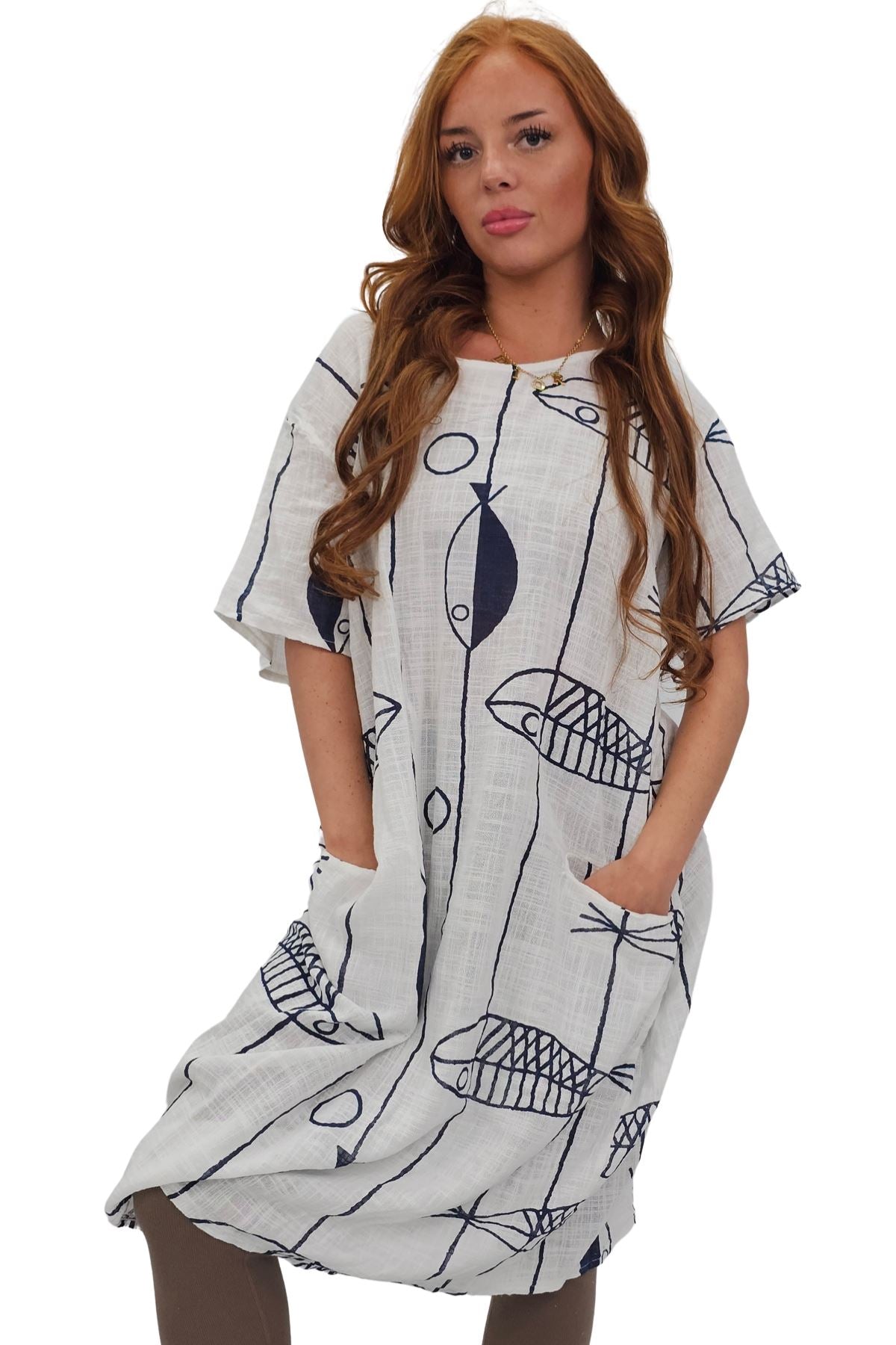 Fish Stripe Print Front Two Pockets Cotton Dress