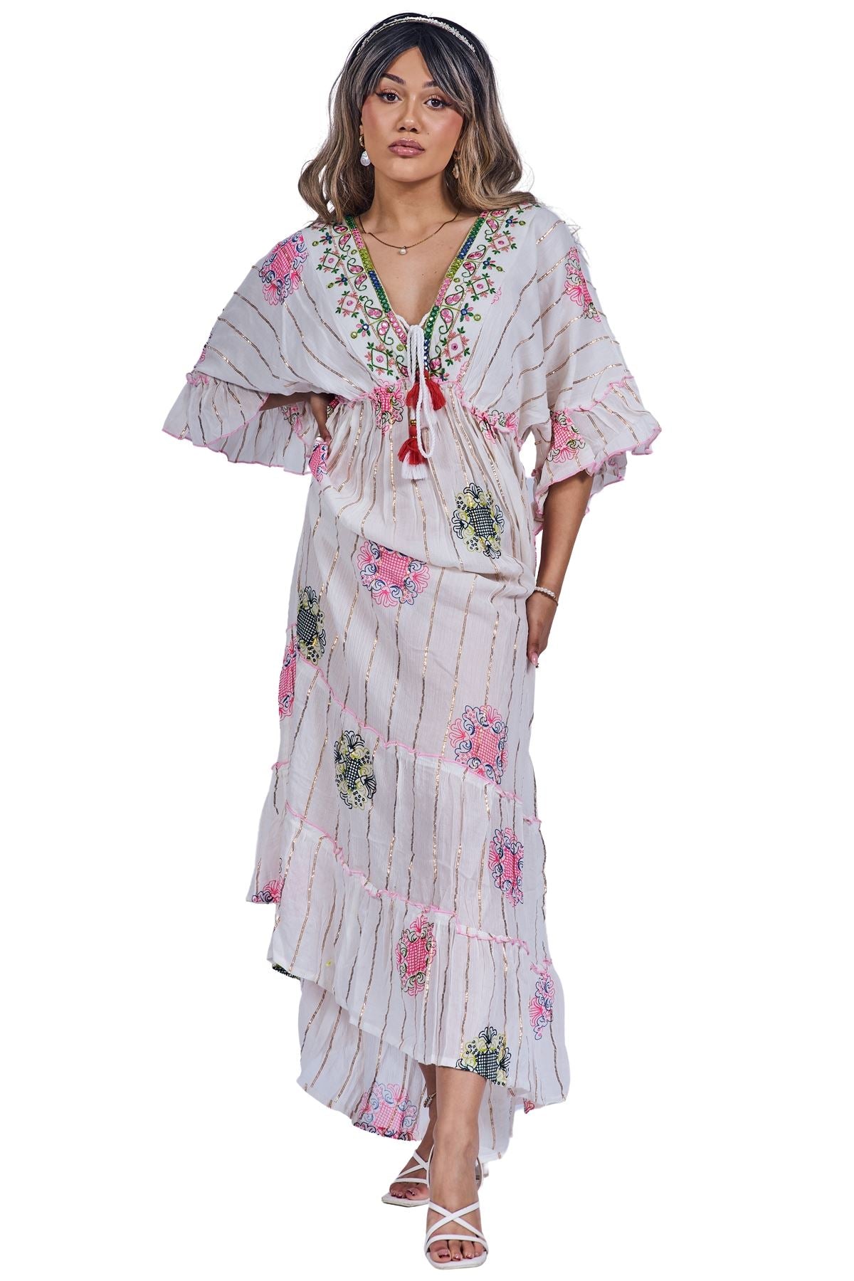 Multicoloured Geometric Flower Print Bohemian Maxi Style Dress