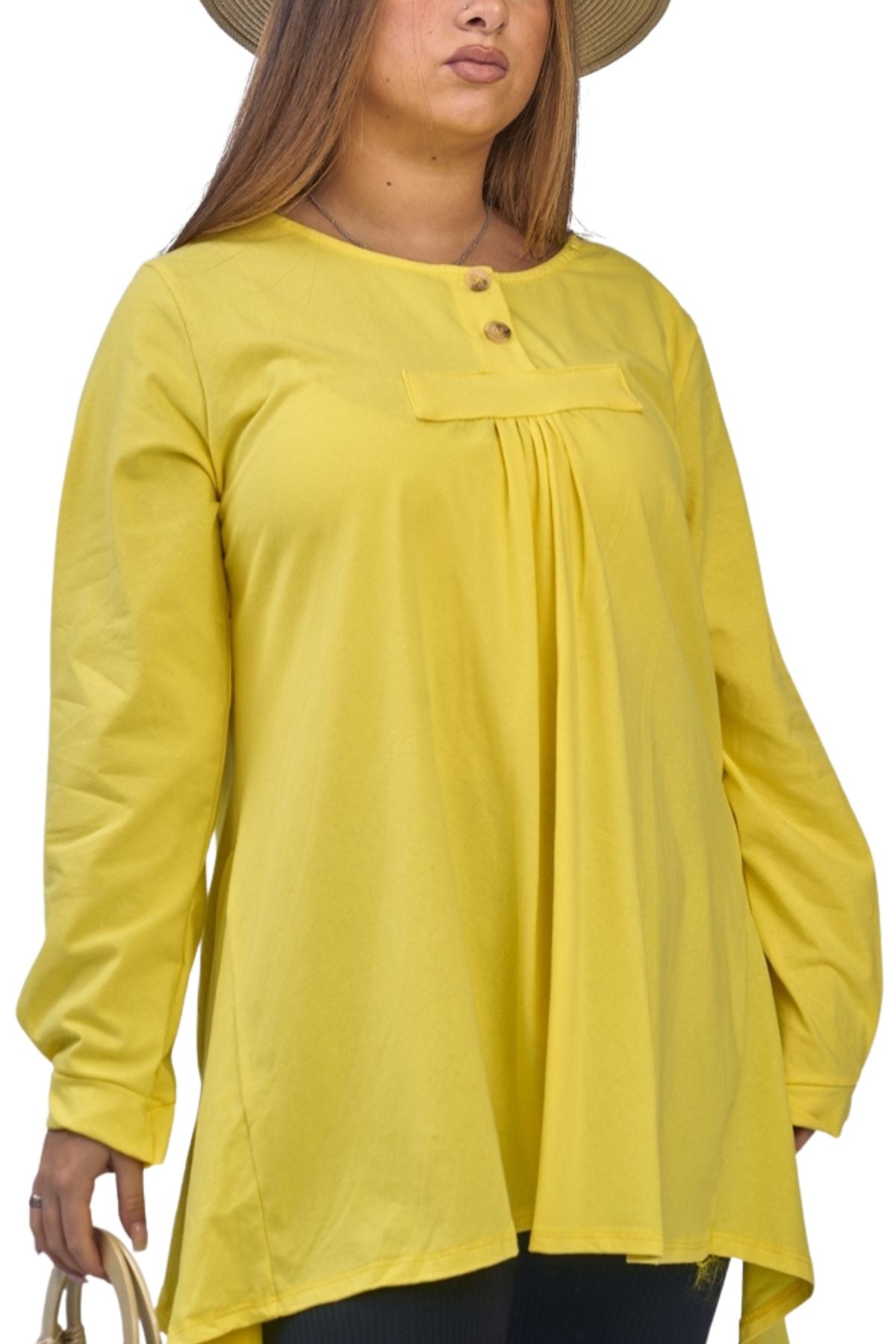 Plain Front Button Detail Hanky Hem Cotton Top