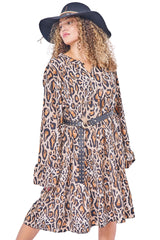 Leopards Print Tiered Button-Down Dress