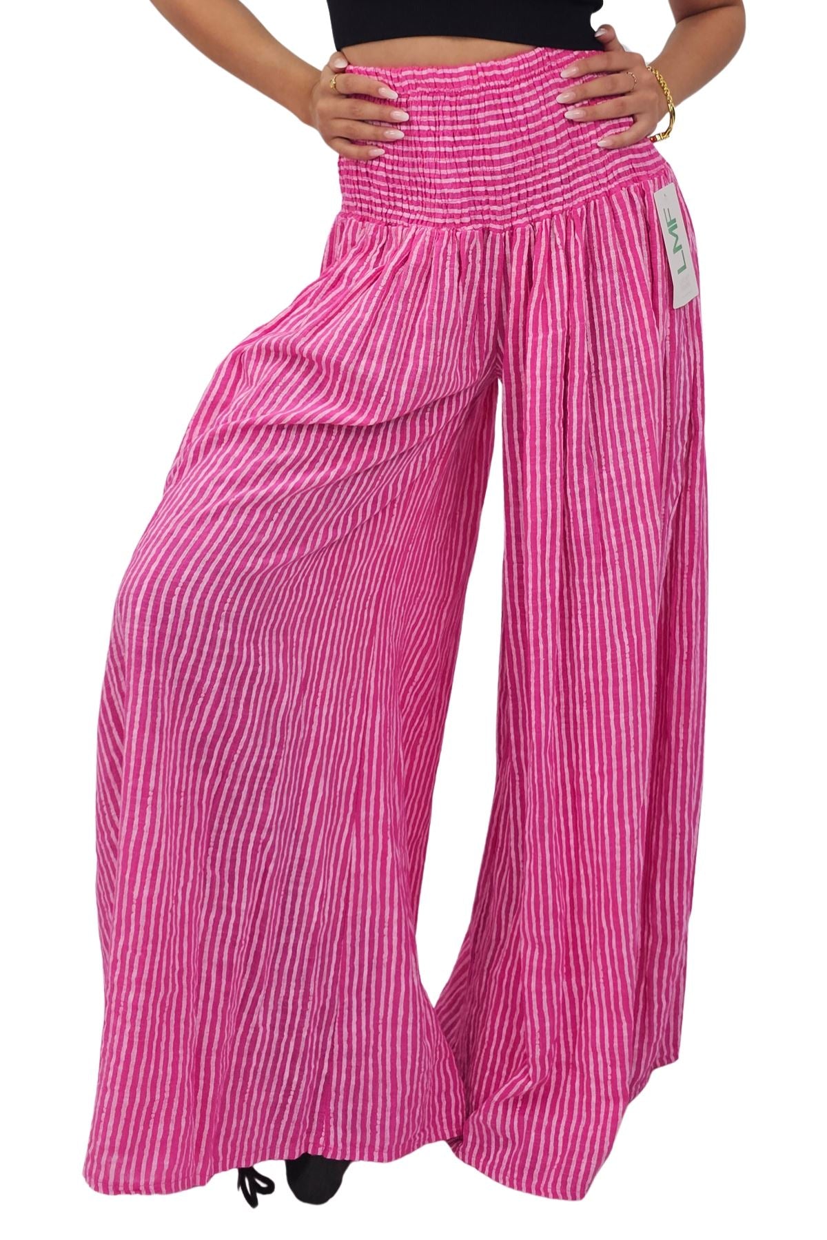 Vertical Stripes Print Smocked Waistband Wide Leg Cotton Palazzo