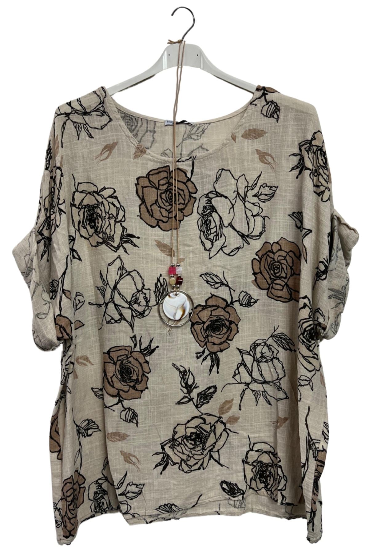 Rose Flower Print Oversized Necklace Tunic Cotton Top