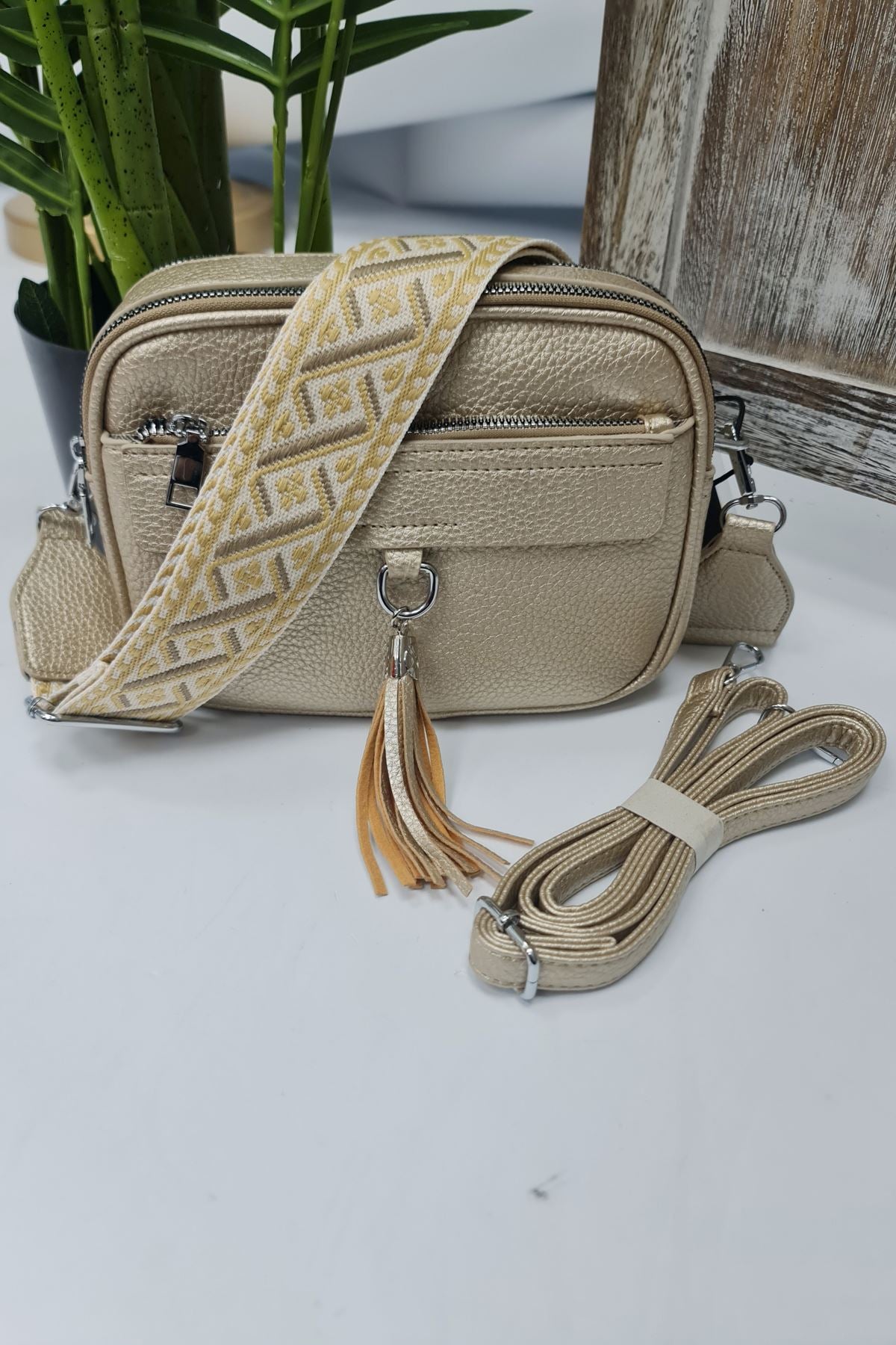 Adjustable Patterned Strap Tassel Shoulder Bag