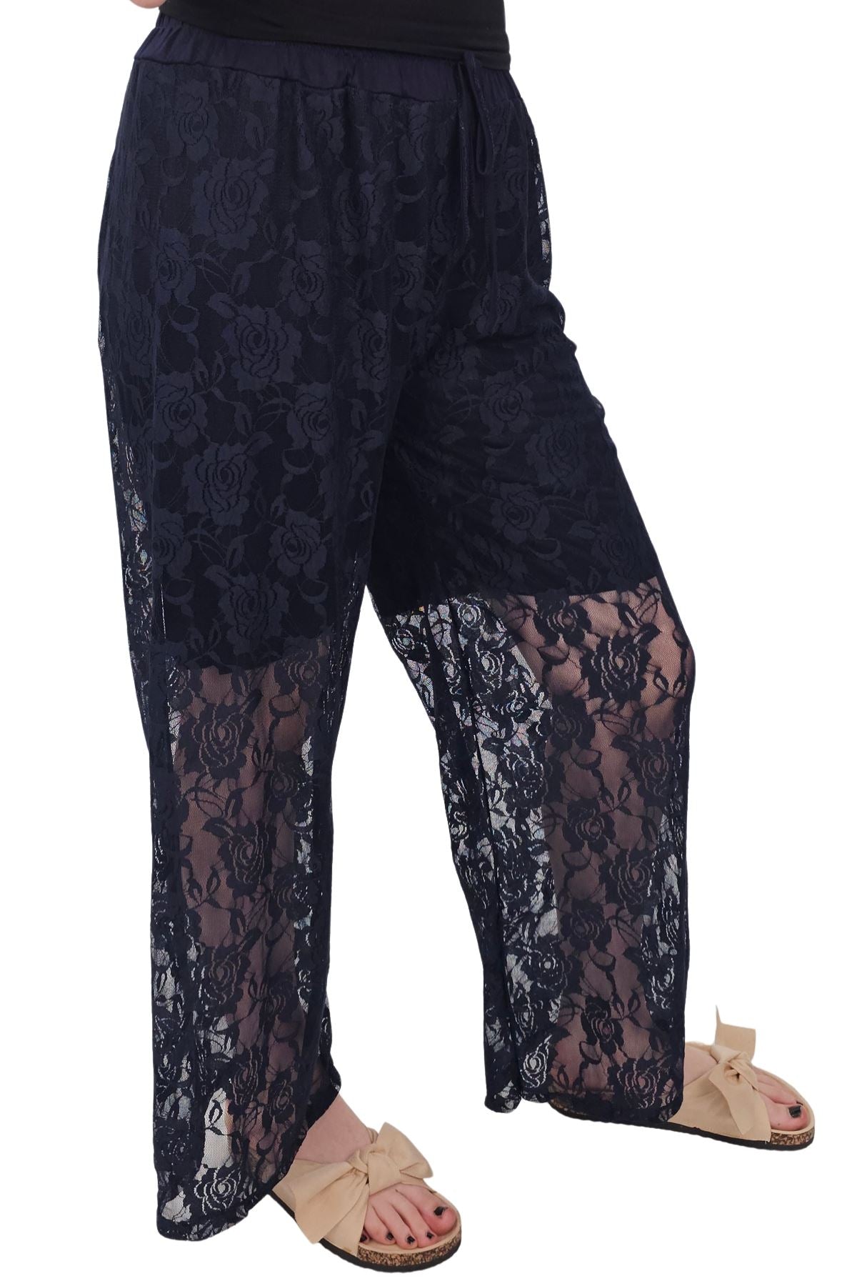 Floral Lace Pattern Drawstring Waistband Trousers