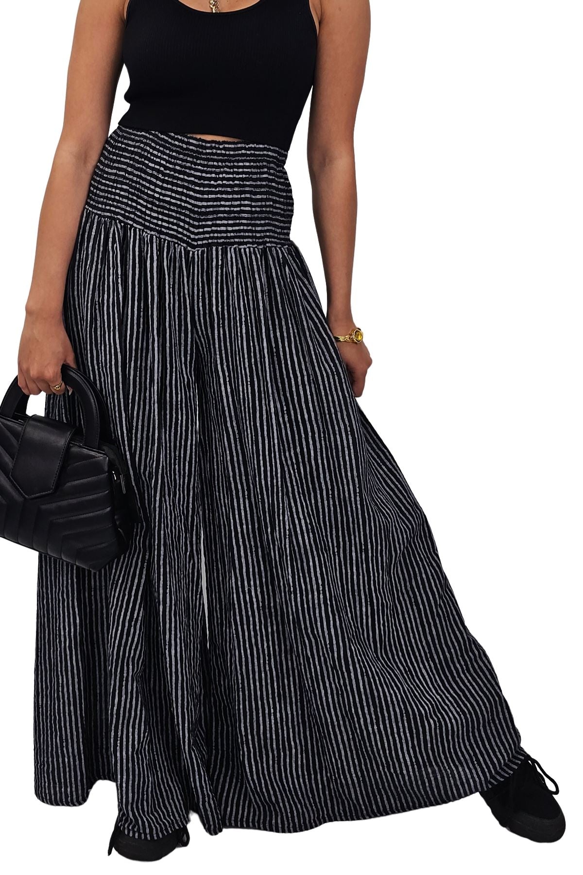 Vertical Stripes Print Smocked Waistband Wide Leg Cotton Palazzo