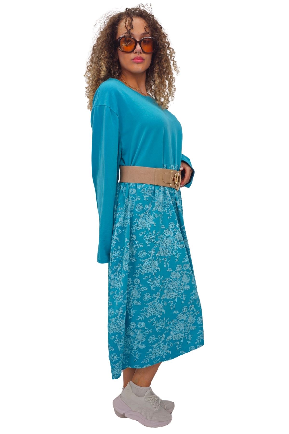 Two Tone Floral Print Baggy Long Style Cotton Dress