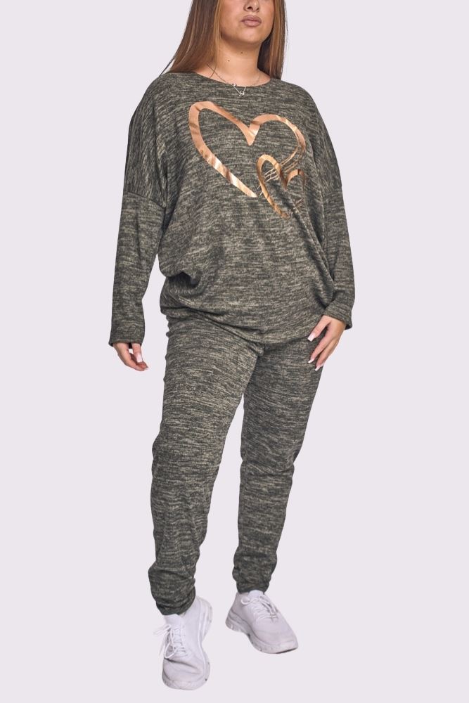 Marl Pattern Foil Print Elastic Waist Rose Gold Foil Heart Print Loungewear
