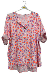 Heart Print Button-Front Detail Cotton Top