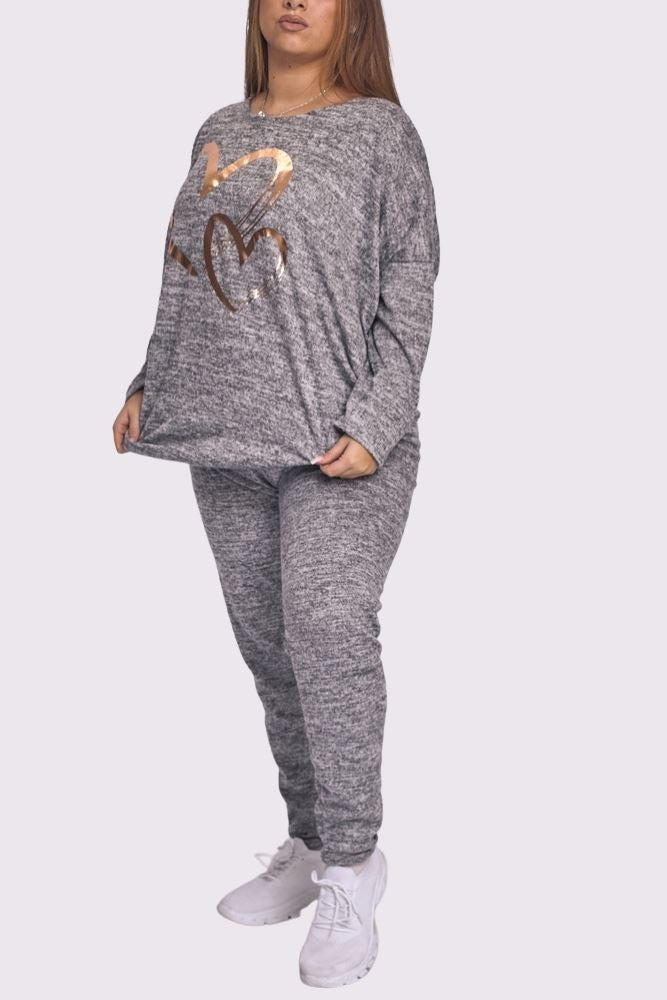 Marl Pattern Foil Print Elastic Waist Rose Gold Foil Heart Print Loungewear