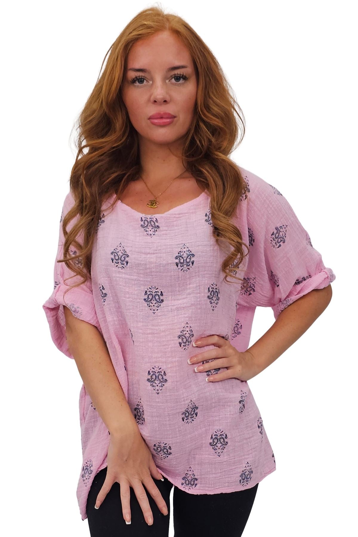 Block Print-Style Motifs Tunic Silhouette Cotton Top