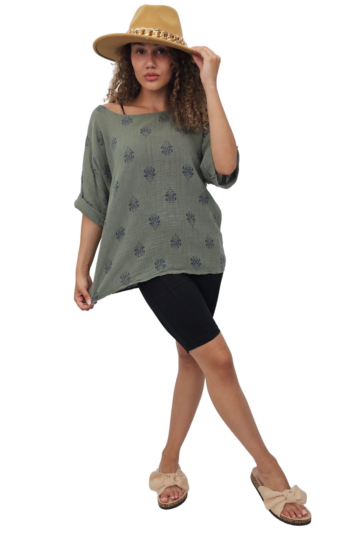 Block Print-Style Motifs Tunic Silhouette Cotton Top